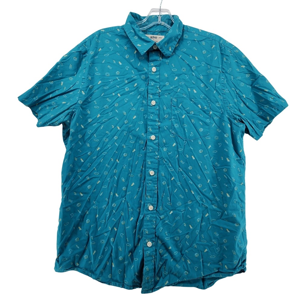 Urban Pipeline L Teal Short Sleeve Button Down Celestial Sun Moon Graphic Shirt